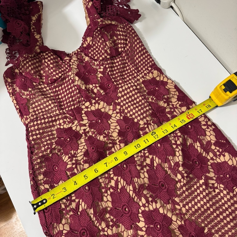Bardot feminine whimsical  fairy Burgundy Lace romantic, formal Midi Dress - Picture 12 of 14